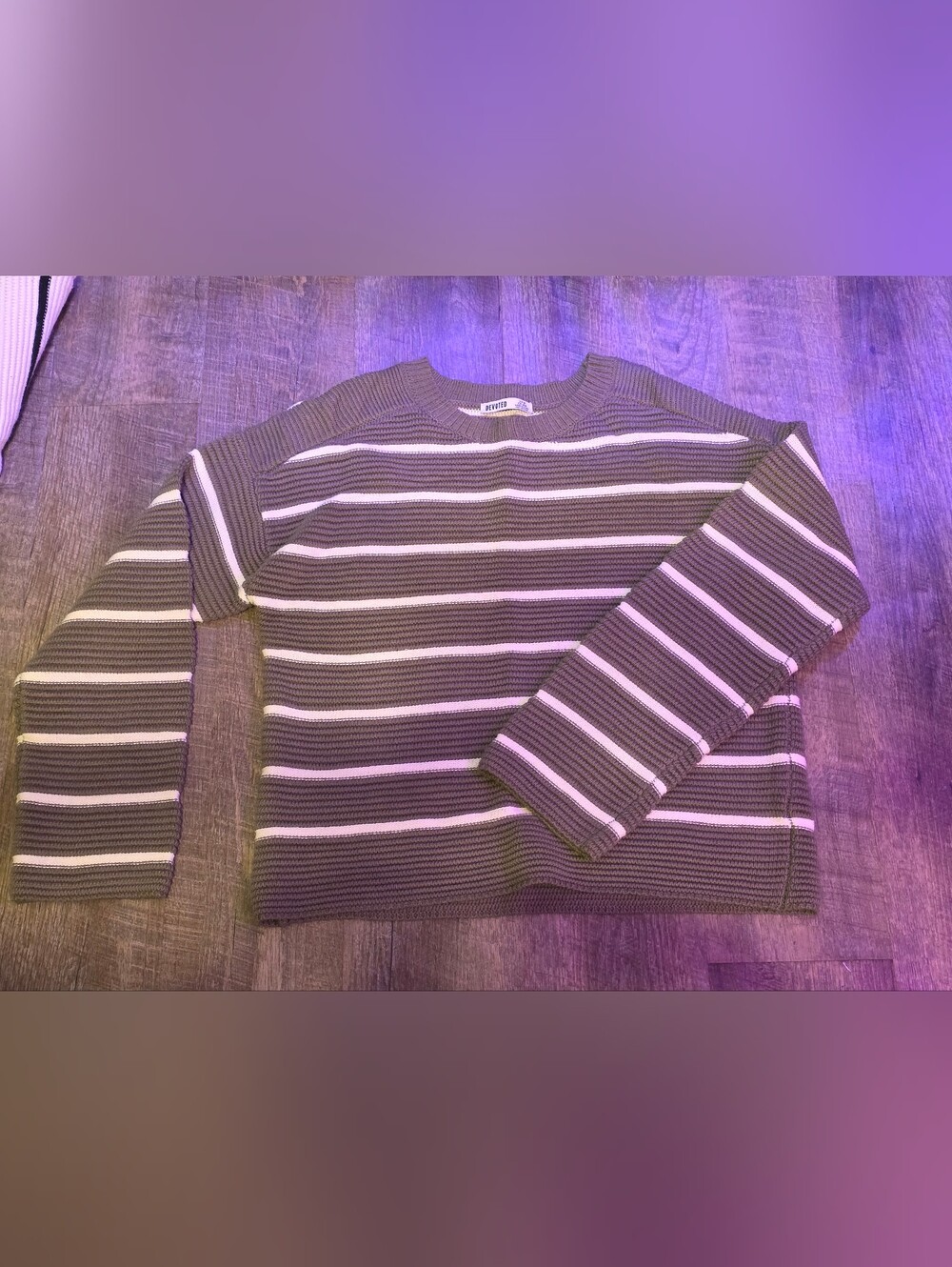 Striped Knit Crewneck Sweaters- Olive Green & Offwhite